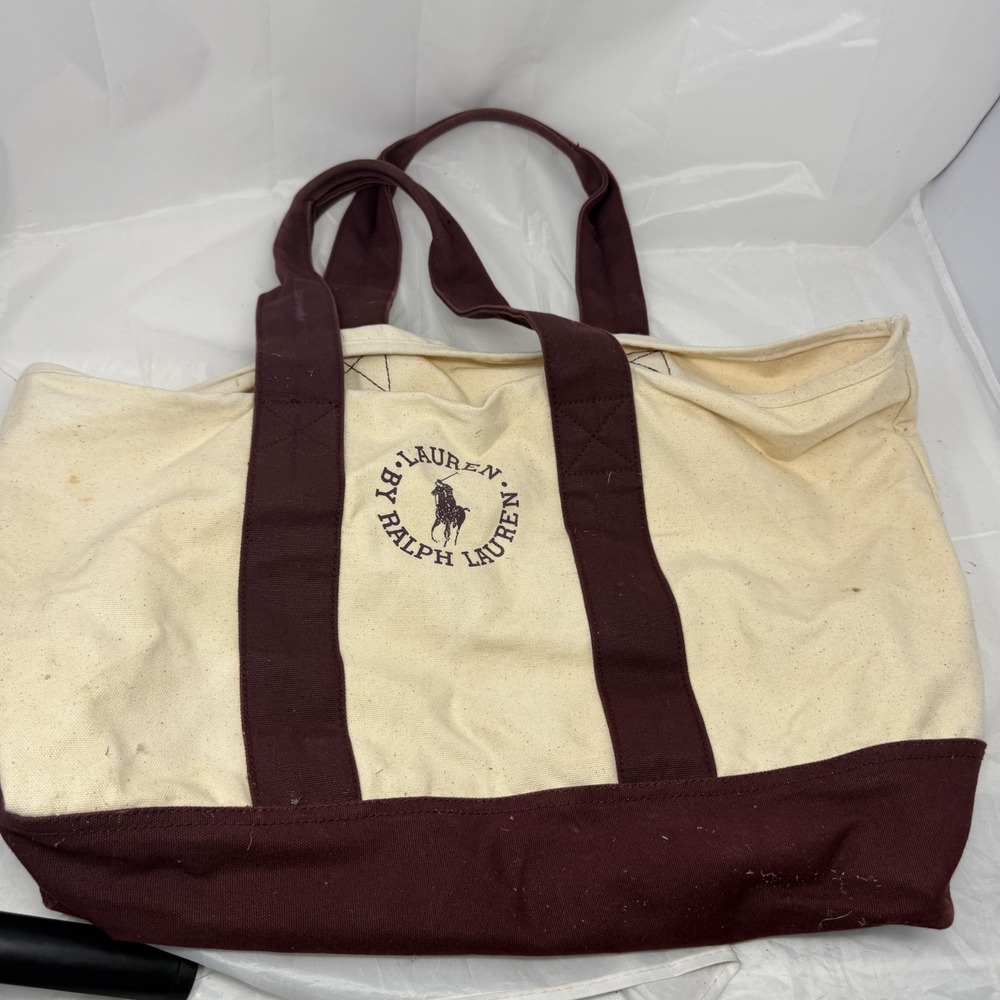 Lauren Ralph Lauren Canvas Tote Bag Cream Burgundy Logo Large Shoulder Bag